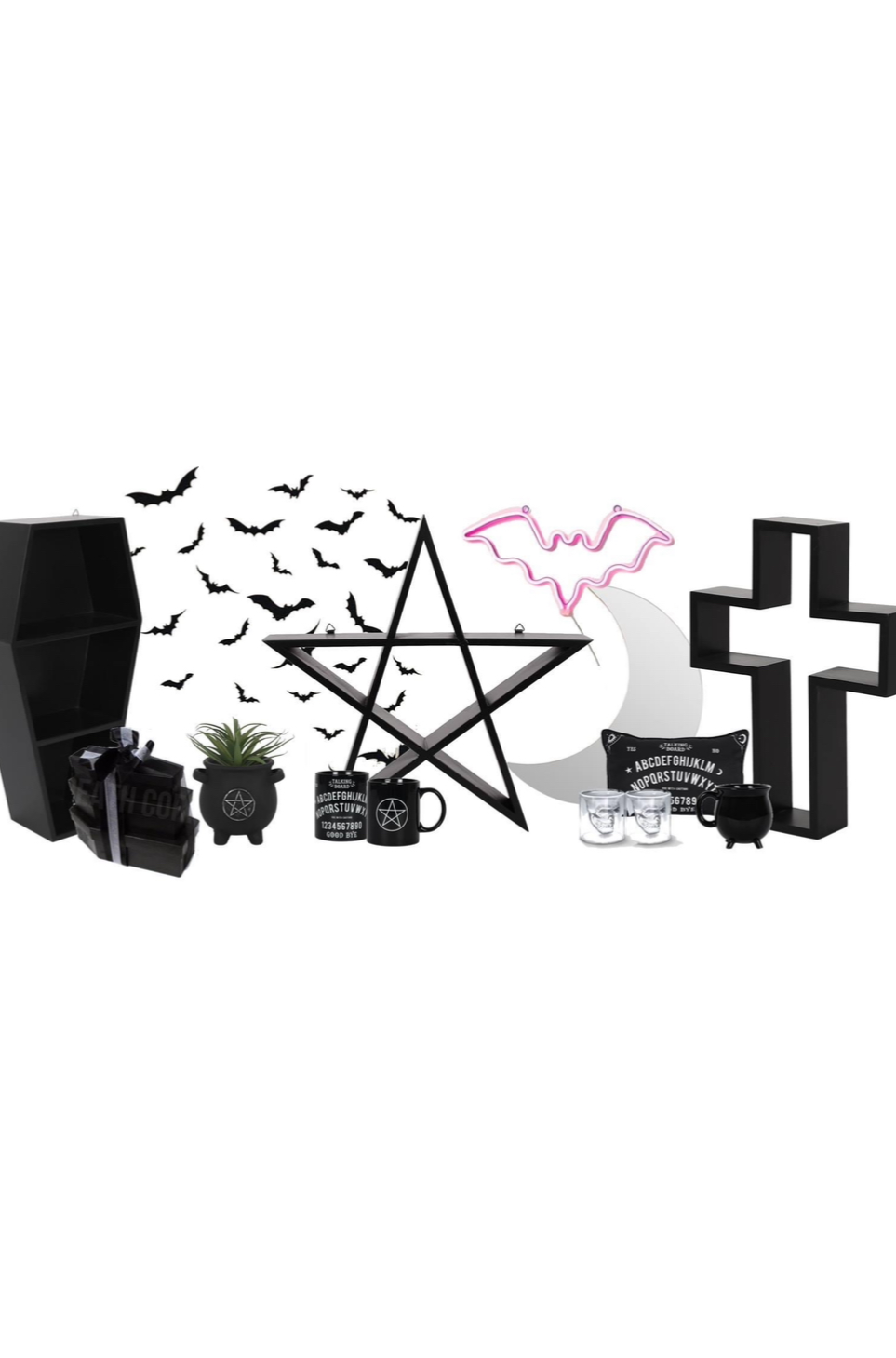 Set of Halloween-themed decorative items including a coffin, pentagram, and bats on a white background.