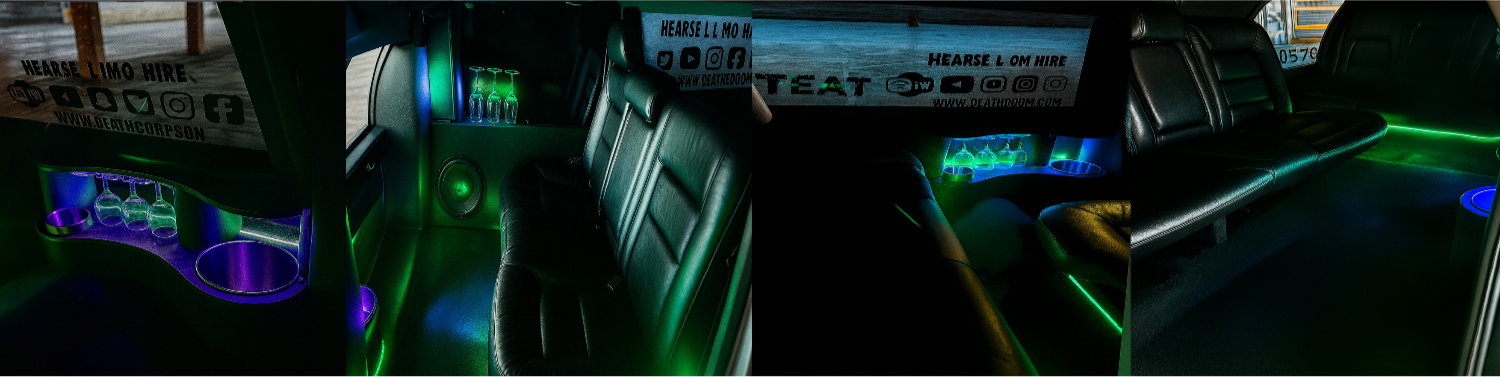 Interior of a limousine with neon lighting, featuring seats and dashboard.