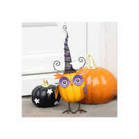 Orange Metal Owl Ornament with Witch Hat and Ghost