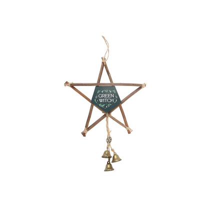 Green Witch Hanging Willow Pentagram with Bells