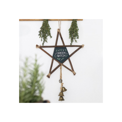 Green Witch Hanging Willow Pentagram with Bells