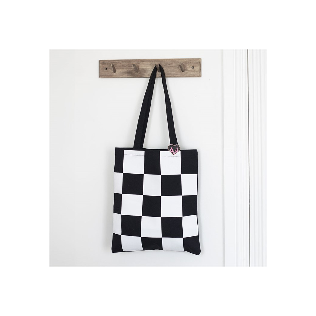 Checkerboard Print Polycotton Tote Bag with Enamel Heart Pin Badge