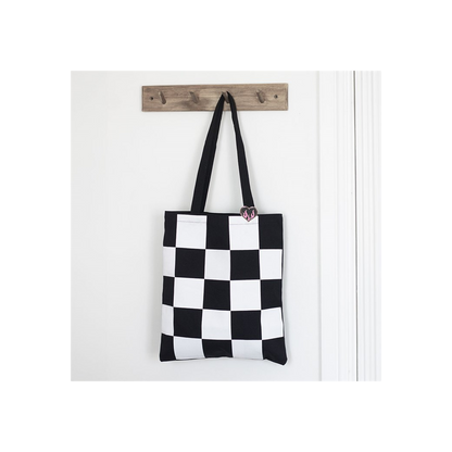 Checkerboard Print Polycotton Tote Bag with Enamel Heart Pin Badge