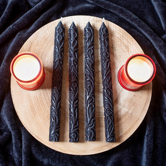 Set of 3 Black Debossed Taper Candles