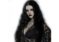Woman wearing a black lace garment with a white background