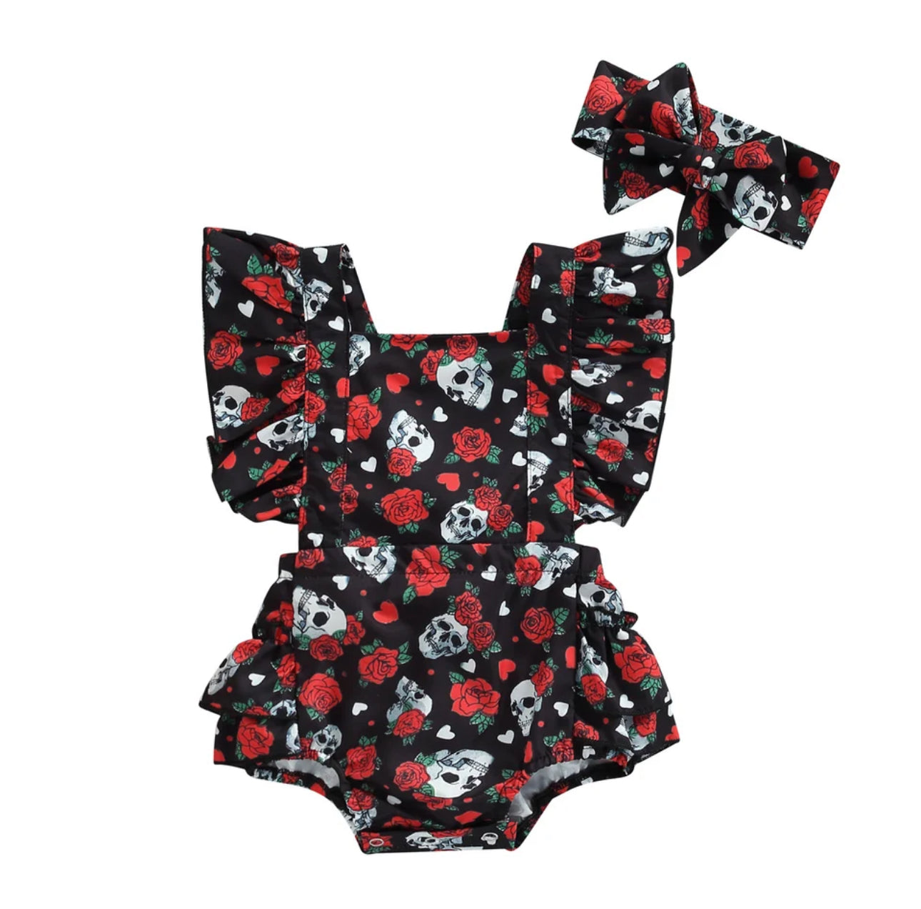 Rose Skull baby 2pc Ruffle Romper + Hairband Set, sizes 0-24 Months