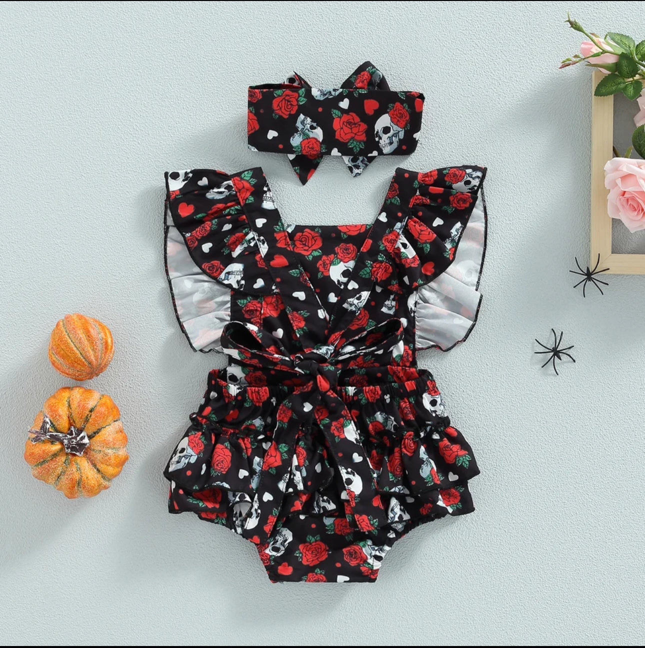 Rose Skull baby 2pc Ruffle Romper + Hairband Set, sizes 0-24 Months