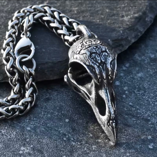 Gothic crow skull stainless steel silver necklace