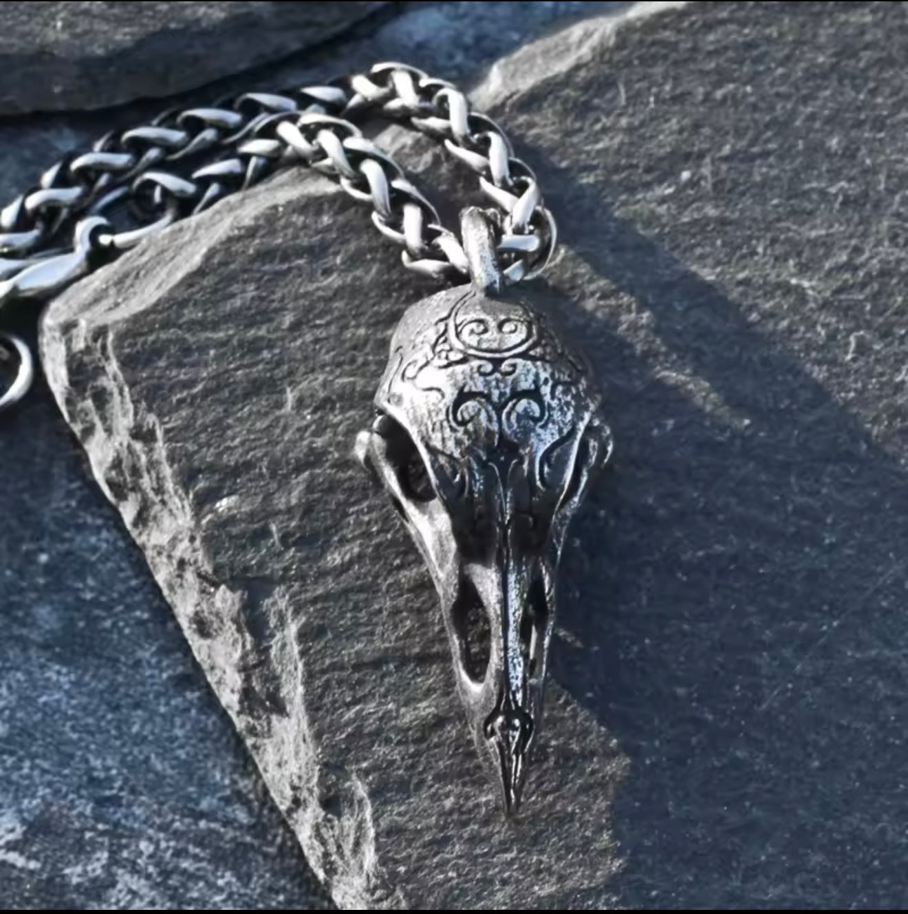 Gothic crow skull stainless steel silver necklace