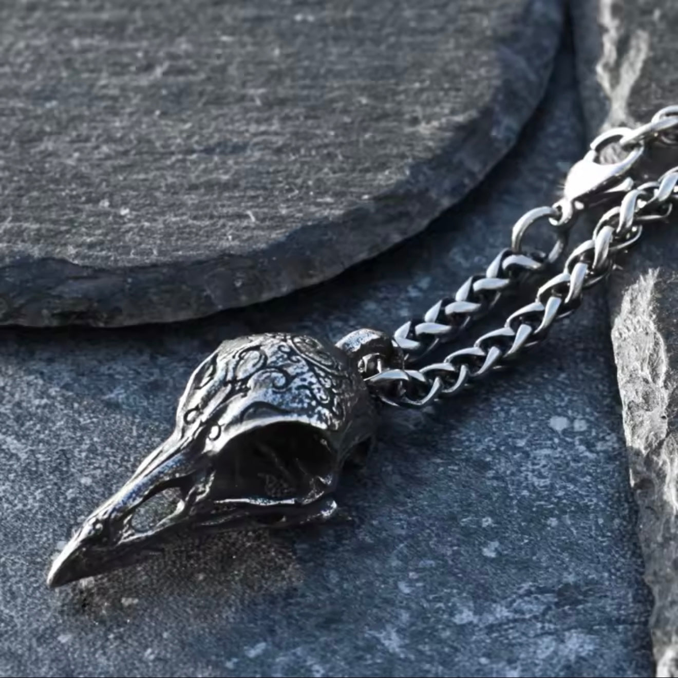 Gothic crow skull stainless steel silver necklace