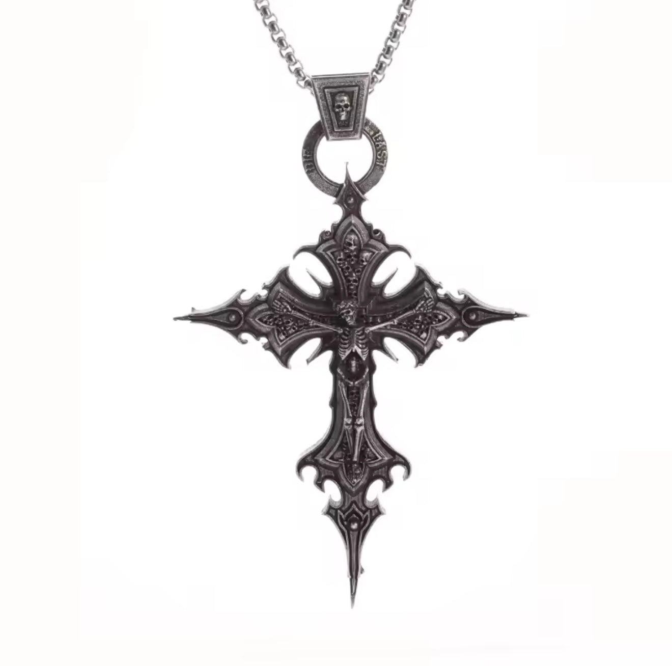 Gothic skeleton cross stainless steel silver necklace