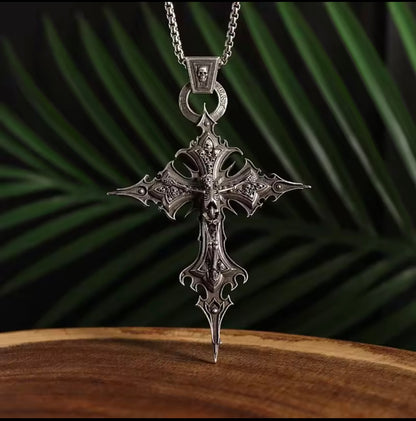 Gothic skeleton cross stainless steel silver necklace