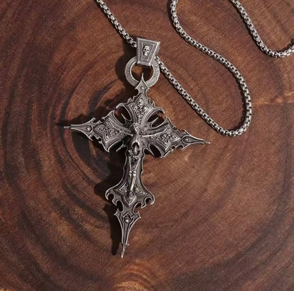Gothic skeleton cross stainless steel silver necklace