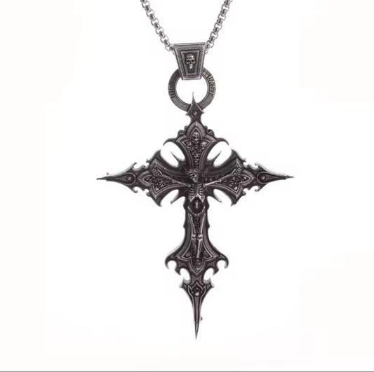 Gothic skeleton cross stainless steel silver necklace