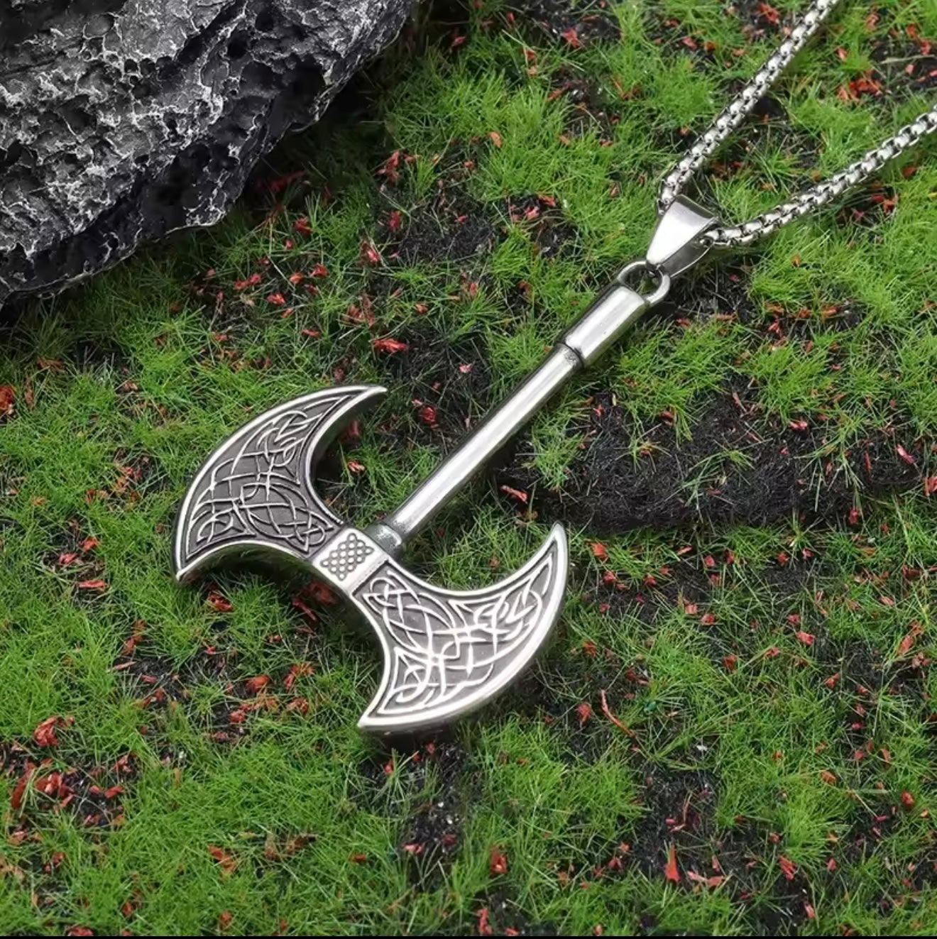 viking axe stainless steel silver necklace