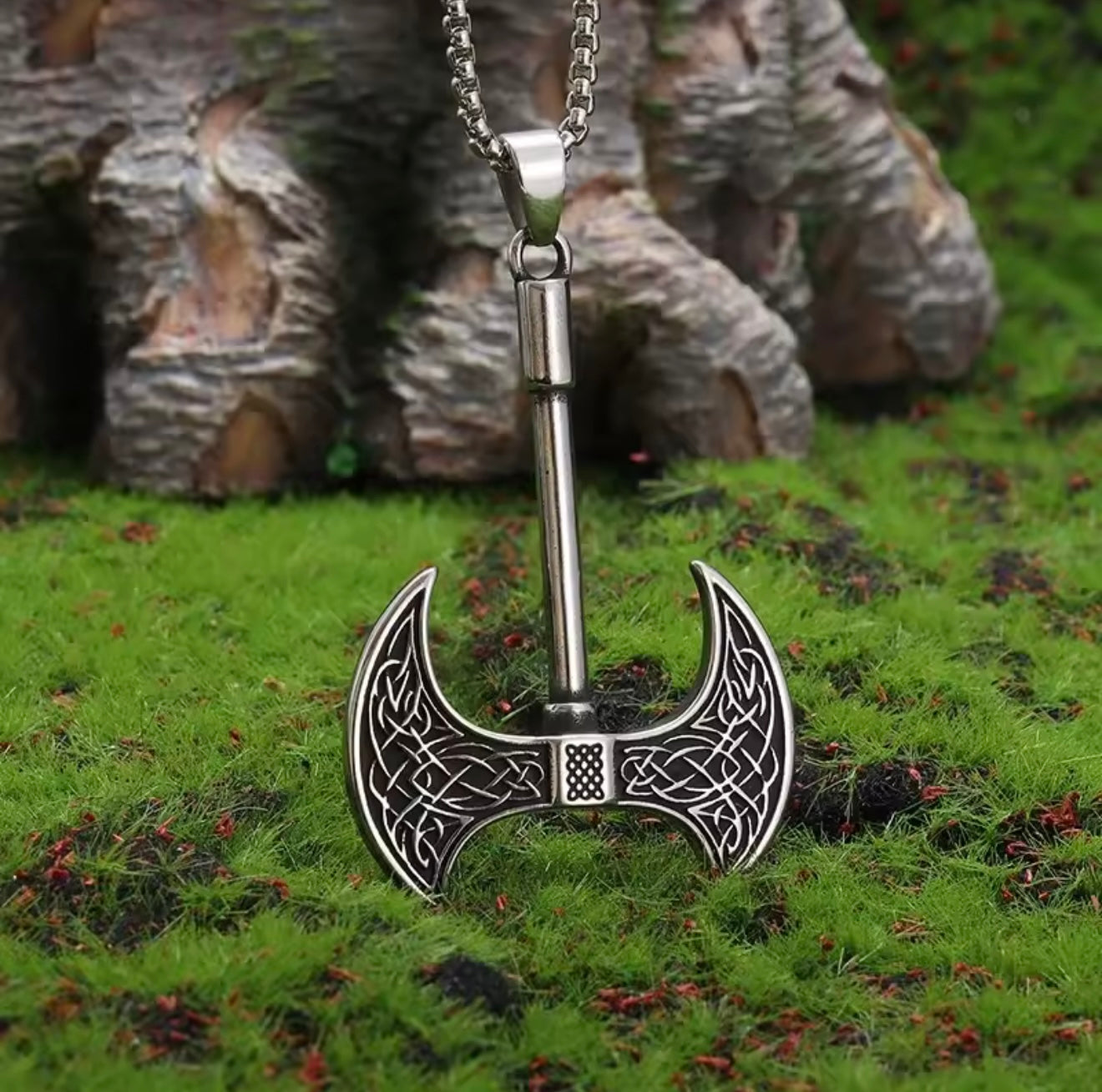 viking axe stainless steel silver necklace