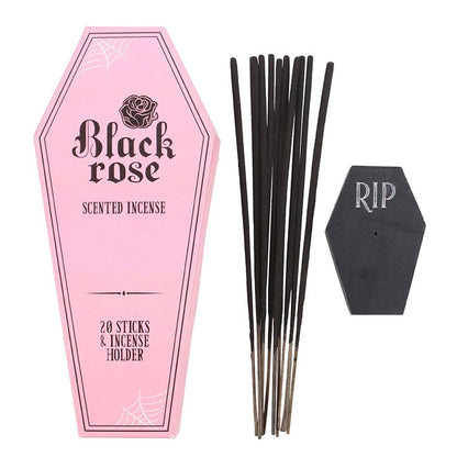 Set of 18 Black Rose Incense Stick Packs with Coffin Holder