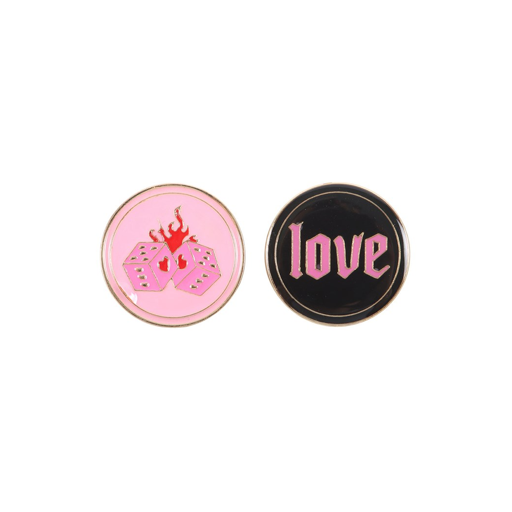 Flaming Dice and Love Pin Badge Set