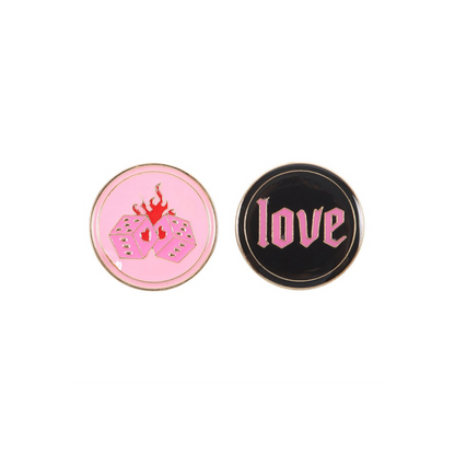 Flaming Dice and Love Pin Badge Set