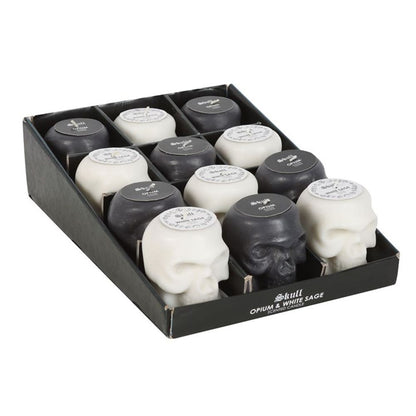 Set of 12 Opium & White Sage Skull Candles in Display